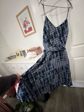 Ralph Lauren Navy and White Plaid Spaghetti-Strap Midi Dress